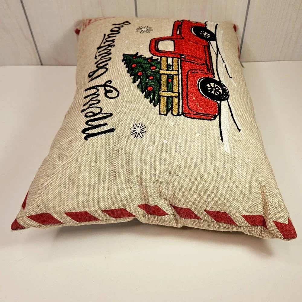 Merry‎ Christmas Decor Throw Pillow Red Truck Tree 18x12 Textured Zipper Closure